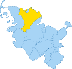 Umriss von Schleswig-Holstein. Der Umriss vom Kreis Schleswig-Flensburg ist ausgef�llt.