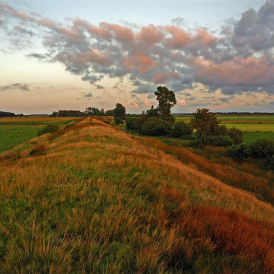Blick vom Krummwall des Danewerks nach Osten (2009). Dieser Abschnitt des Walls steht sowohl unter Denkmalschutz als auch unter Naturschutz.