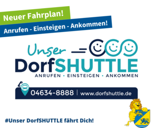 Zu sehen ist ein Plakat mit dem DorfSHUTTLE-Logo nebst Kontaktdaten.