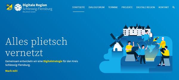 Zu sehen ist ein Ausschnitt der Projektwebseite mit der Aufschrift "Alles plietsch vernetzt. Gemeinsam entwickeln wir eine Digitalstrategie für den Kreis Schleswig-Flensburg. Mach mit!"