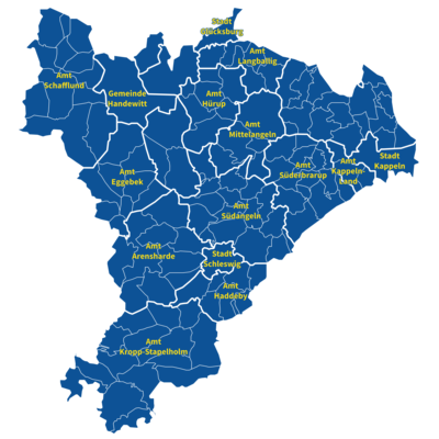 Umriss des Kreisgebietes mit Namen der Städte, Ämter und Gemeinden im Kreis.