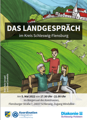 Drei Menschen unterhalten sich auf einer Parkbank. Im Hintergrund sieht man eine grüne, hügelige Landschaft, spielende Kinder und ein Dorf.