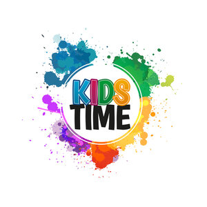 Das Logo von Kidstime mit dem Schriftzug Kidstime in der Mitte und bunten Farbkleksen au&szlig;en herum.