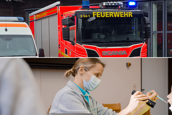 Im oberen Bildausschnitt sieht man einen Rettungswagen neben einem Feuerwehrauto stehen. Im unteren Bildausschnitt sieht man eine Frau mit Maske, die die Z&auml;hne eines Kindes begutachtet.
