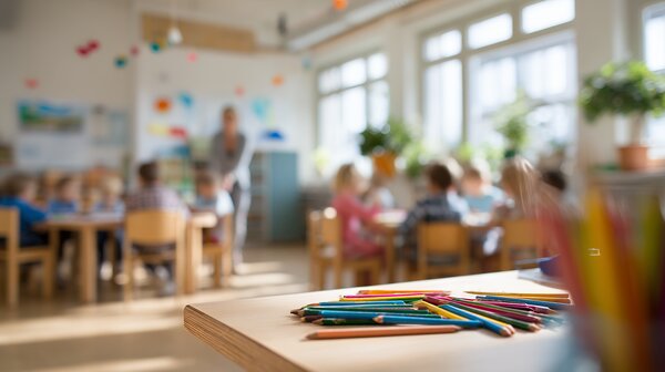 Blick in ein Klassenzimmer. Im Hintergrund sitzen Sch&uuml;ler*innen an Gruppentischen. Im Vordergrund liegen Buntstifte auf einem Tisch.