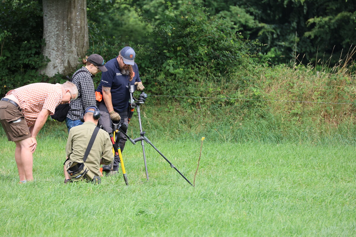 4 Personen stehen mit Detektoren auf einer Wiese und betrachten etwas auf dem Boden. 