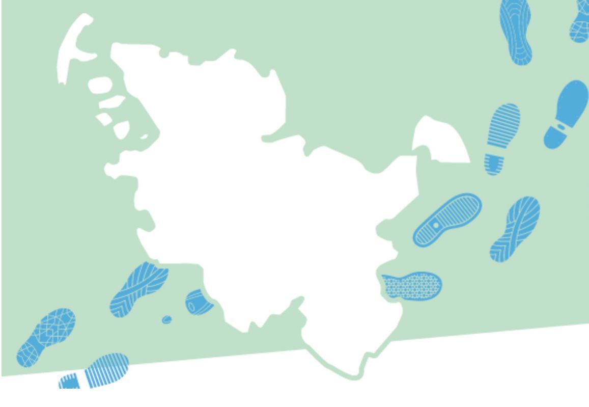 Grafik mit den Umrissen Schleswig-Holsteins und Fu&szlig;spuren