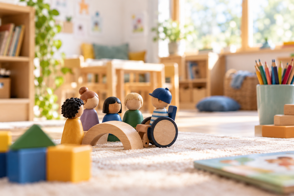 Inklusives Spielzimmer mit Holzfiguren