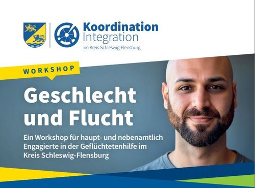 Portrait von Marcel Kaya, der freundlich schaut und neben ihm der Schriftzug "Geschlecht und Flucht"